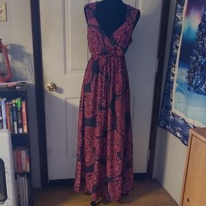 Flowing Navy Blue and Pink Women's Long Maxi Dress  Size Medium